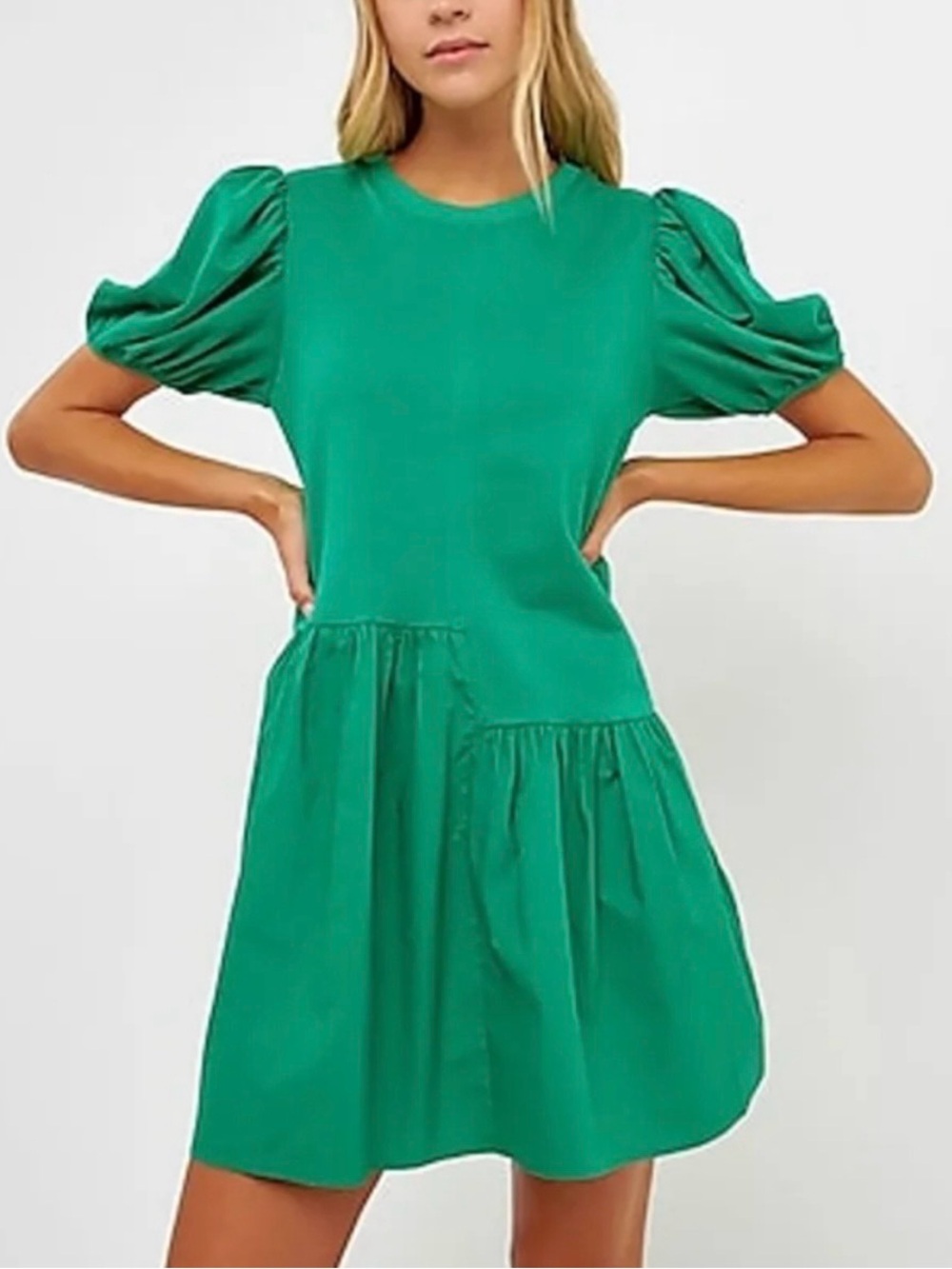 English Factory Knit Woven Mixed Green Puff-Sleeve Mini Dress